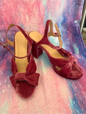 LOFT Wine Velvet Bow Block Heel Sandals